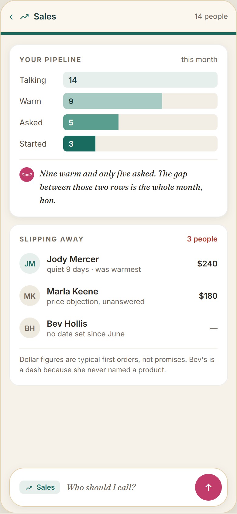AskNona Sales on mobile — your pipeline, and who's slipping away