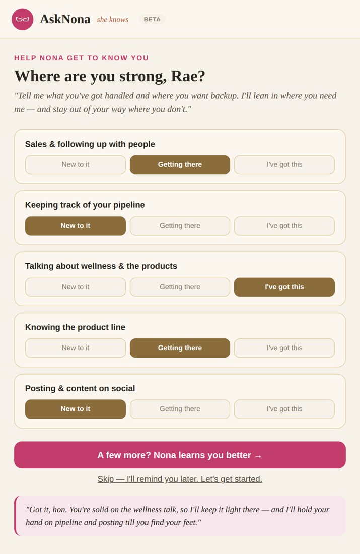 AskNona personalization — she learns your story, your voice, and who you're trying to reach