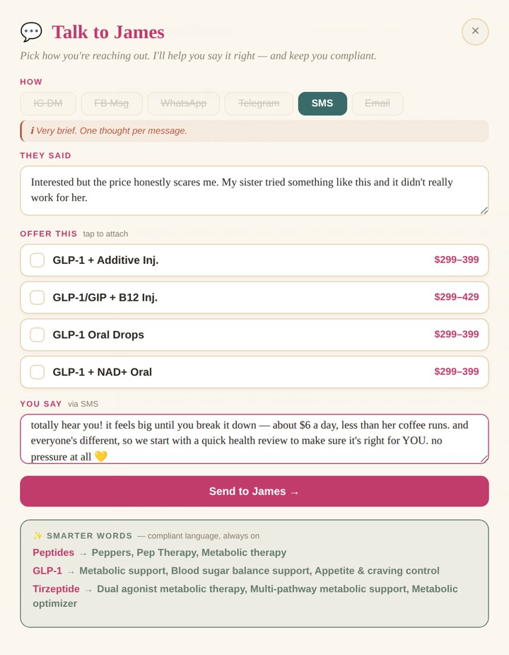 AskNona Reach Out — a live conversation with what to offer and a compliant draft ready to send