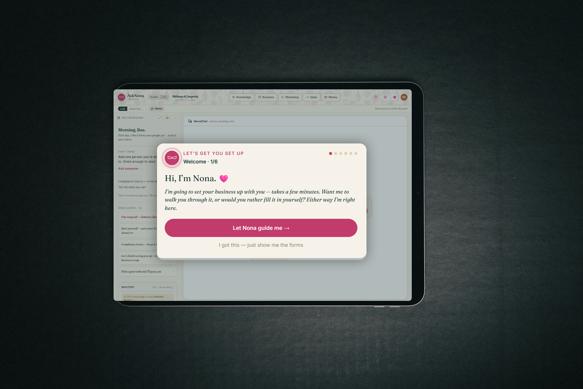 Meet Nona on a tablet: the full product board with her greeting